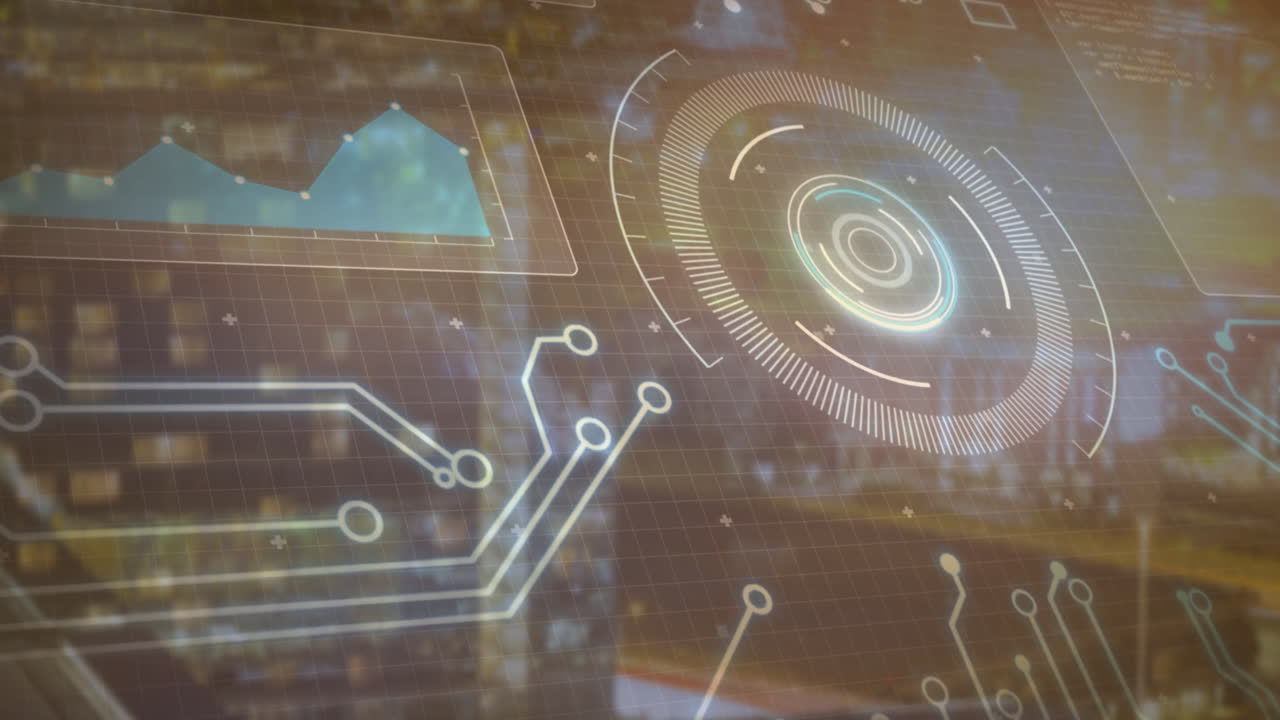 Animation of circuit patterns and data visualization on digital interface background