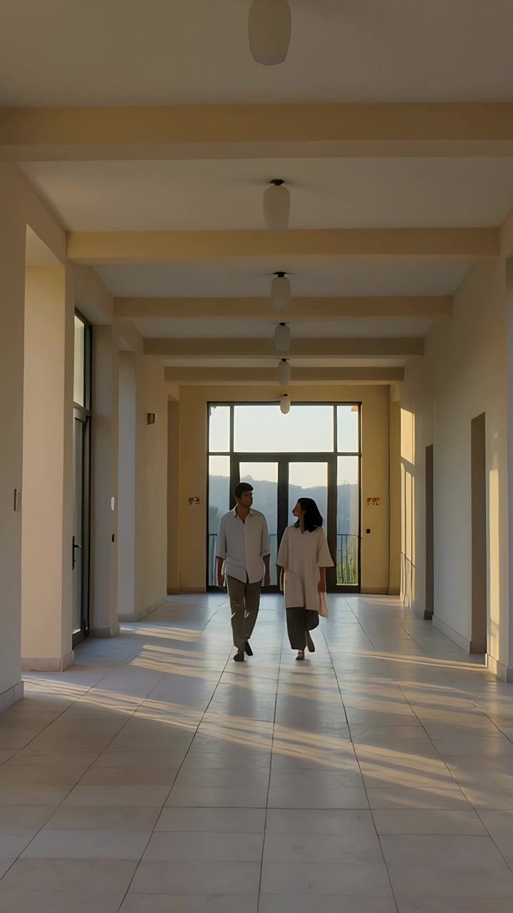 Video vertical: Pareja saliendo por puertas de cristal, caminando hacia la cámara con ropa informal, en un pasillo de azulejos con luz solar.