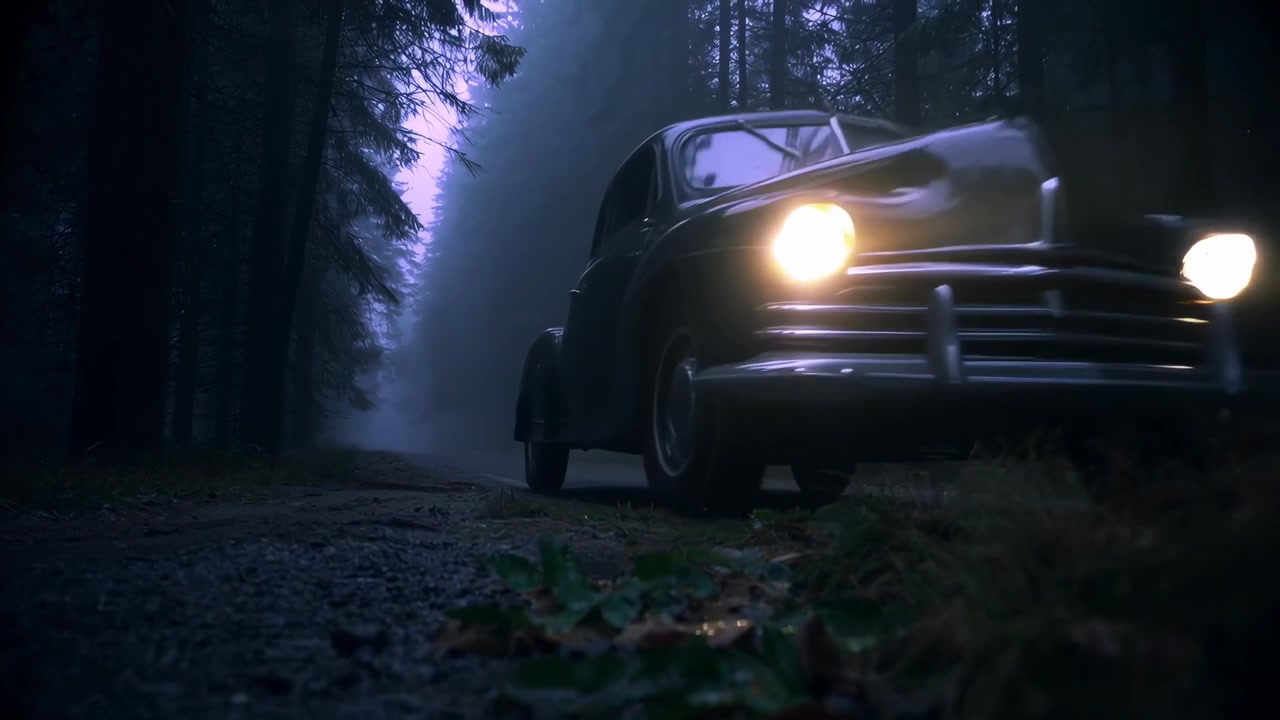 Geheimnisvolles Oldtimer fährt auf dunkler Waldstraße