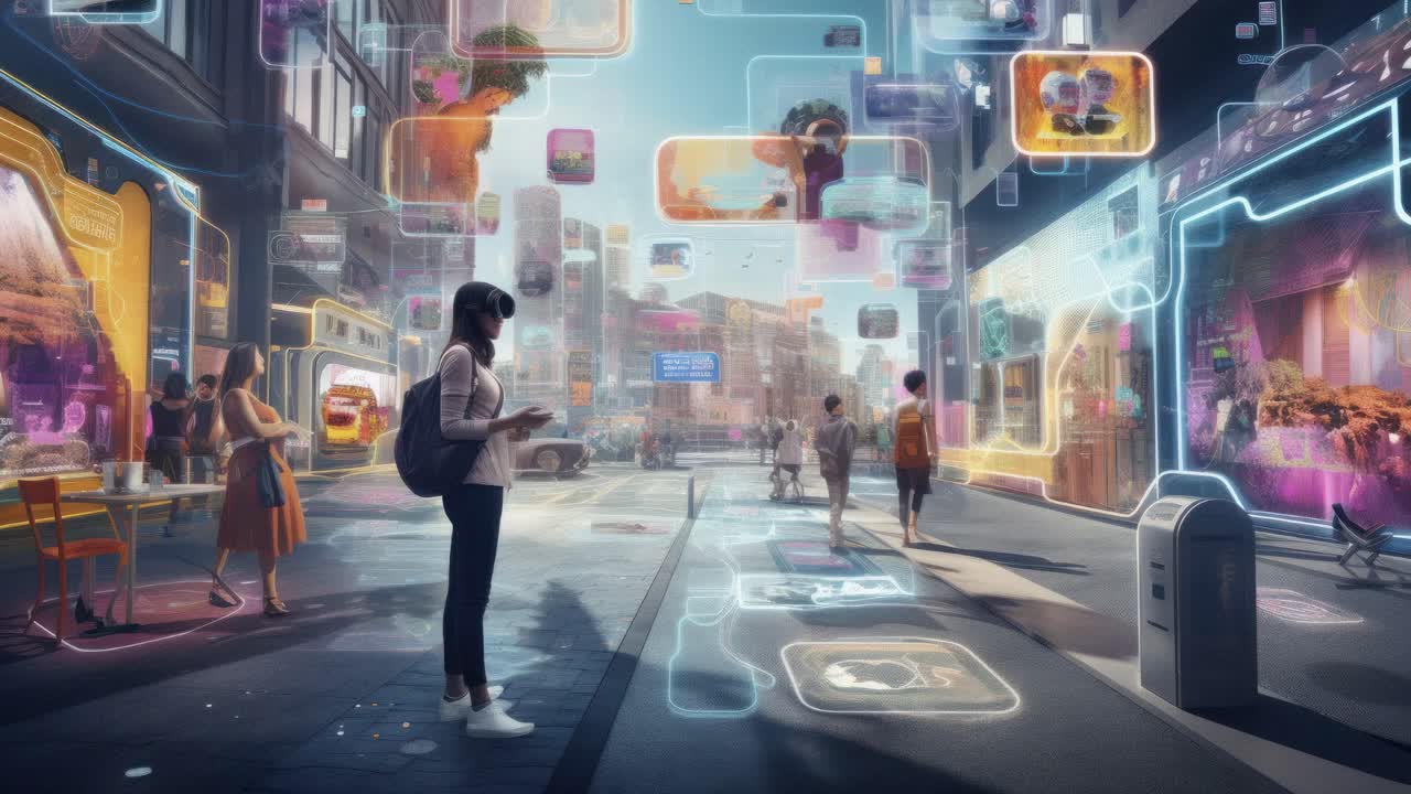 A futuristic cityscape with a woman holding a device, viewing floating digital screens