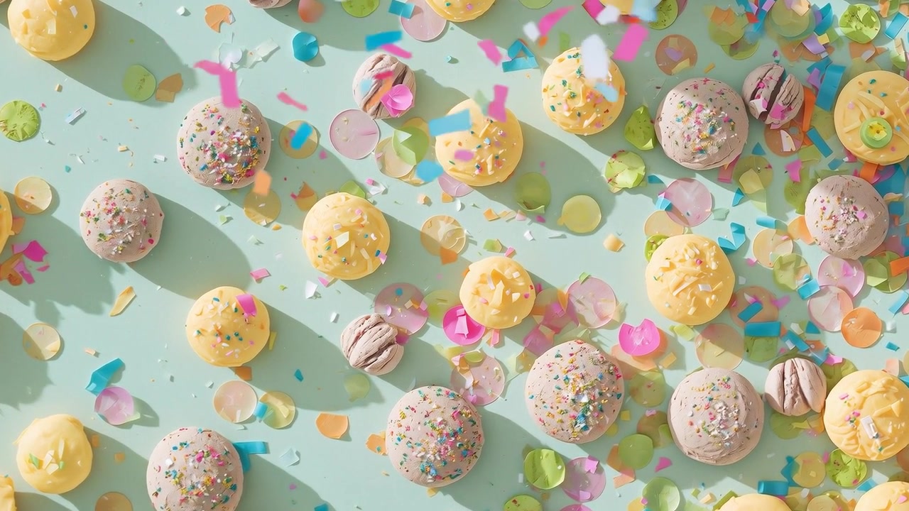 Confetes jorrando sobre macarons em uma mesa verde-menta, cobrindo o topo com granulados para uma sensação festiva.