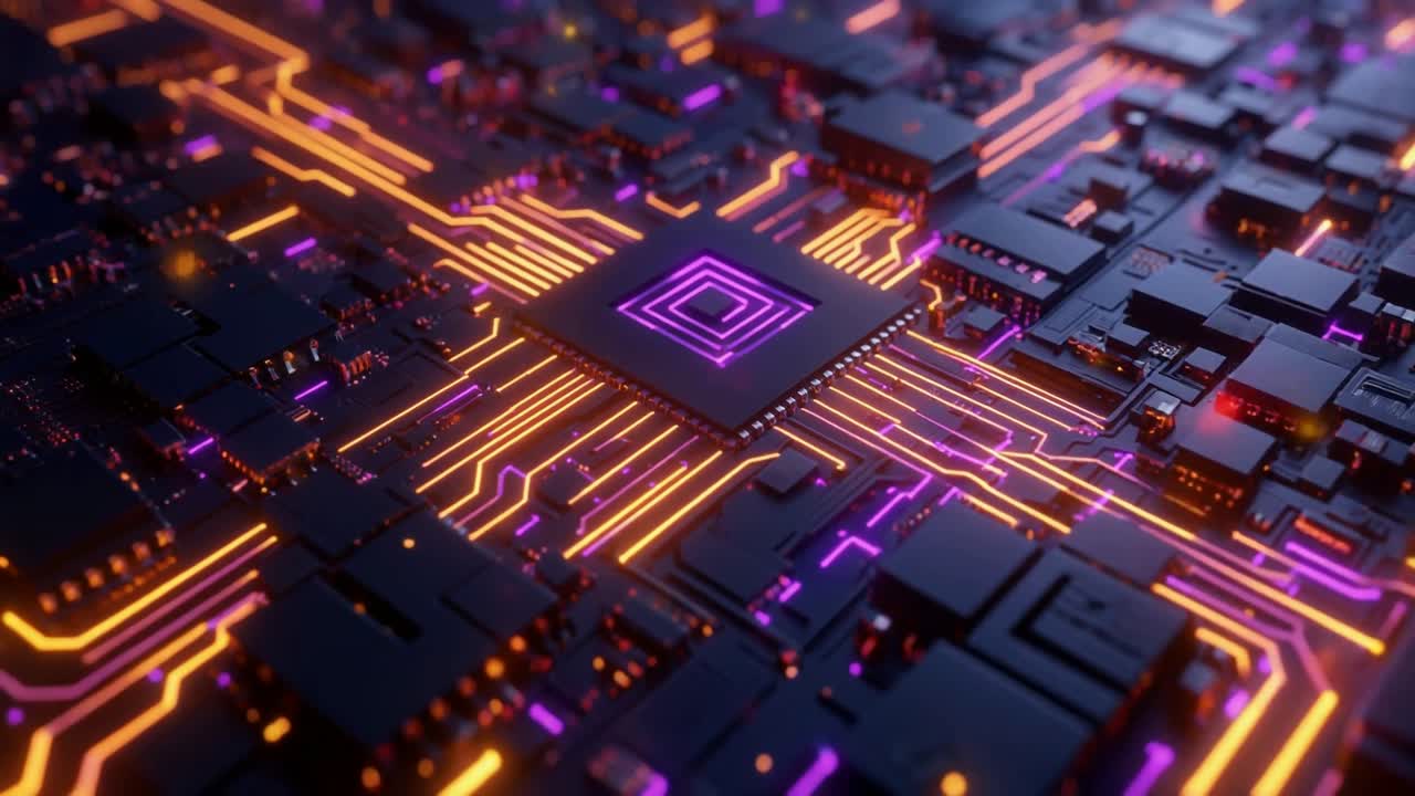 Nærbillede af en glødende CPU på et printkort.