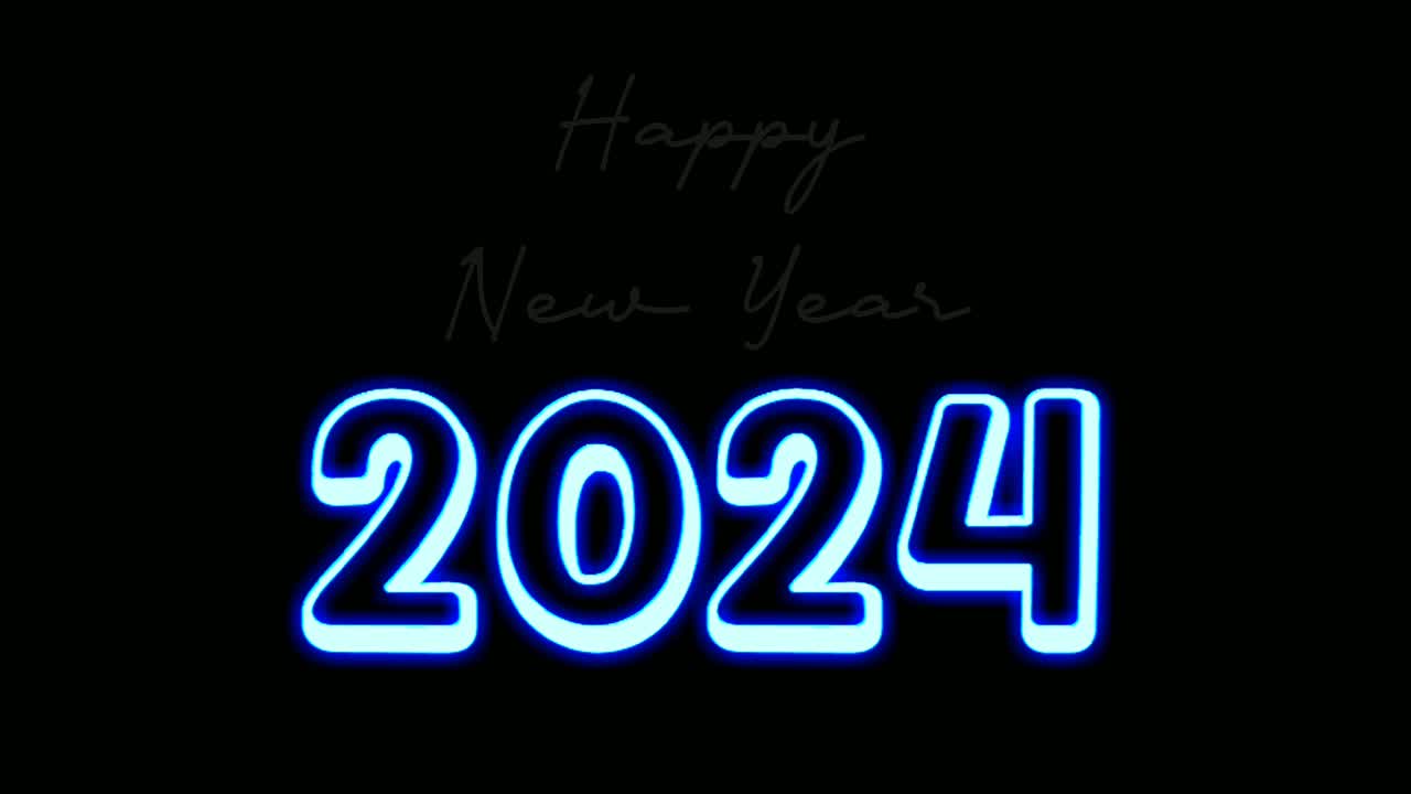 azul de neón feliz año nuevo 2024 texto animación gráficos de movimiento con fondo negro