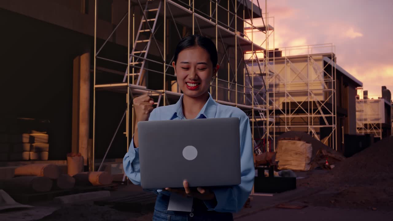 Asiatisk kvinde med sin bærbare computer på en byggeplads, hvor et nyt hus er ved at blive bygget. Hun knytter næven og råber sit mål ud