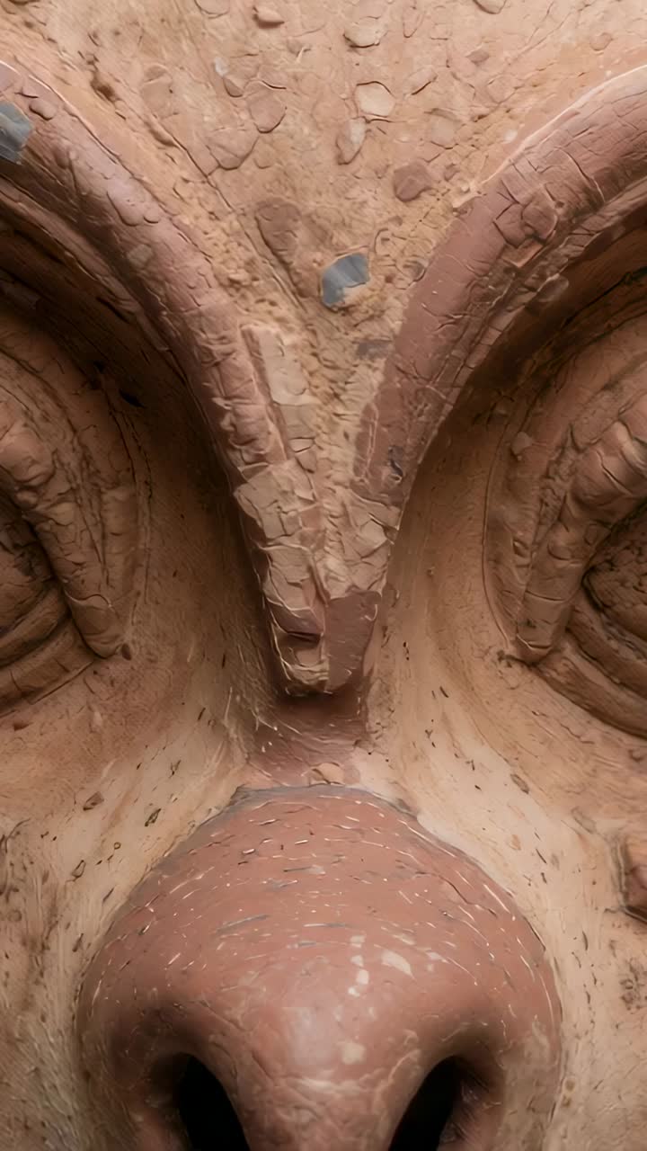 Vertical video: Panning camera revealing carved face in shade to show metal inset and chisel marks