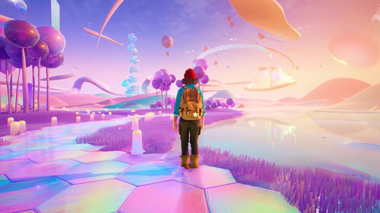Person Walking Through a Surreal Dreamlike Landscape