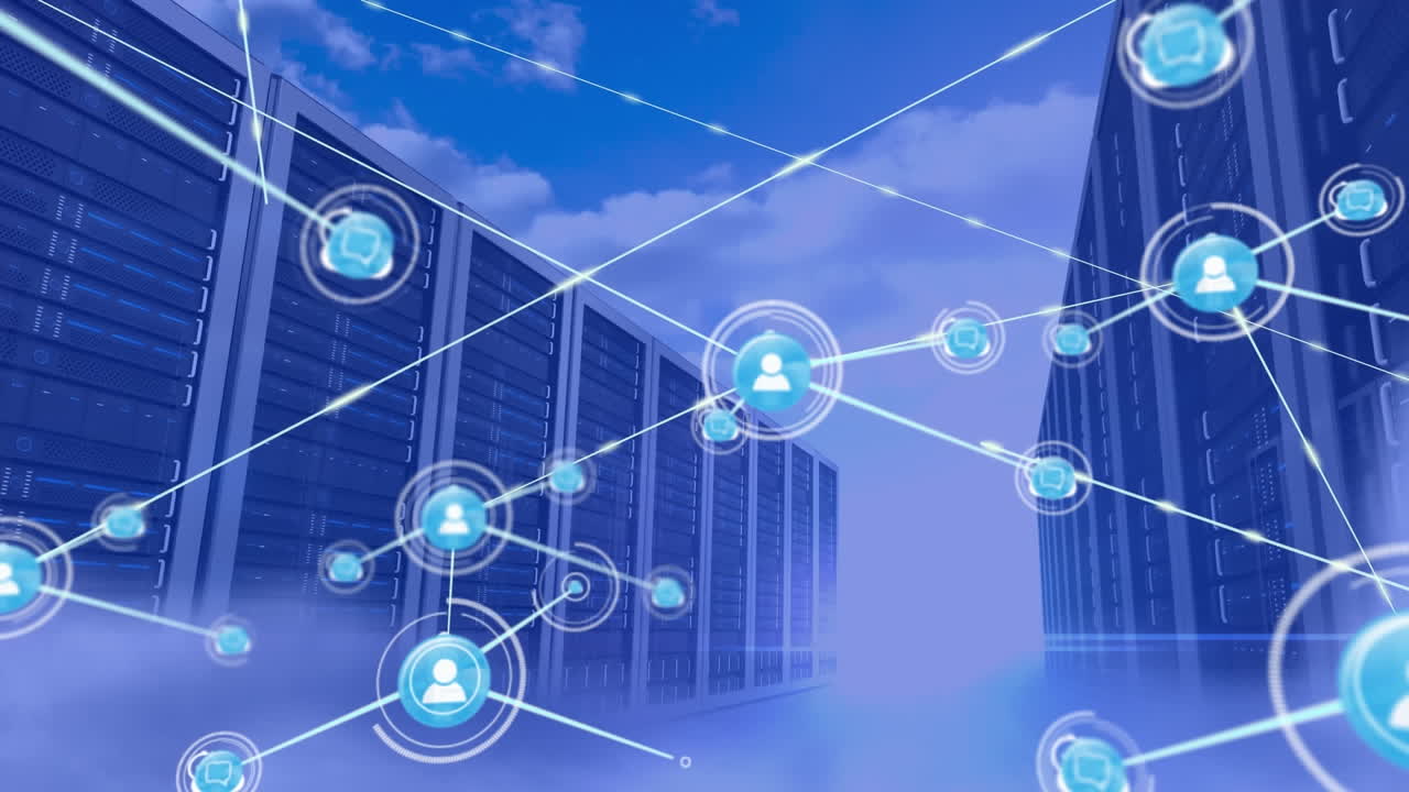 Animation of profile icons connected with lines over server room against cloudy sky