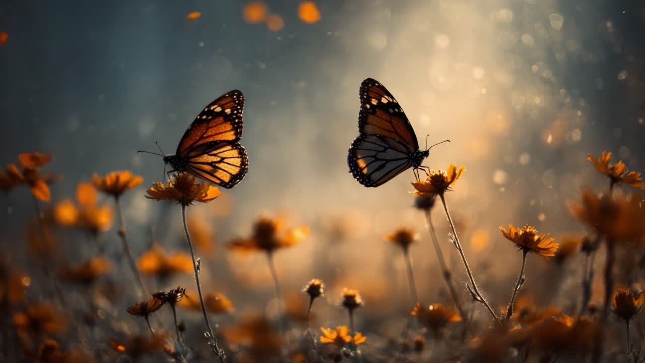 Uno spettacolo accattivante della bellezza della natura, con due farfalle che svolazzano con grazia tra fiori vivaci, su uno sfondo da sogno di luce soffusa e petali delicati.