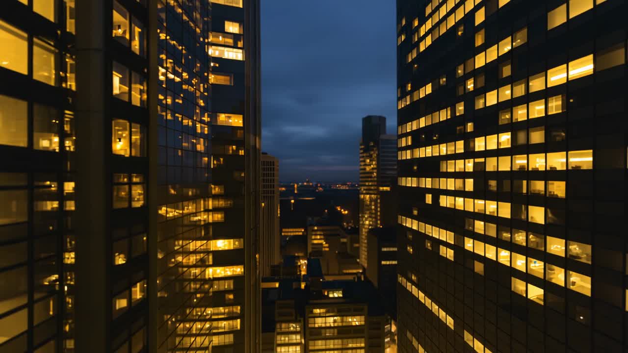 Sky darkening in narrow city gap at dusk in downtown, with interior office lights turning on