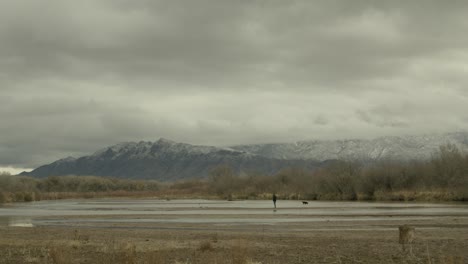 man plays fetch with dog in the rio grande river during winter