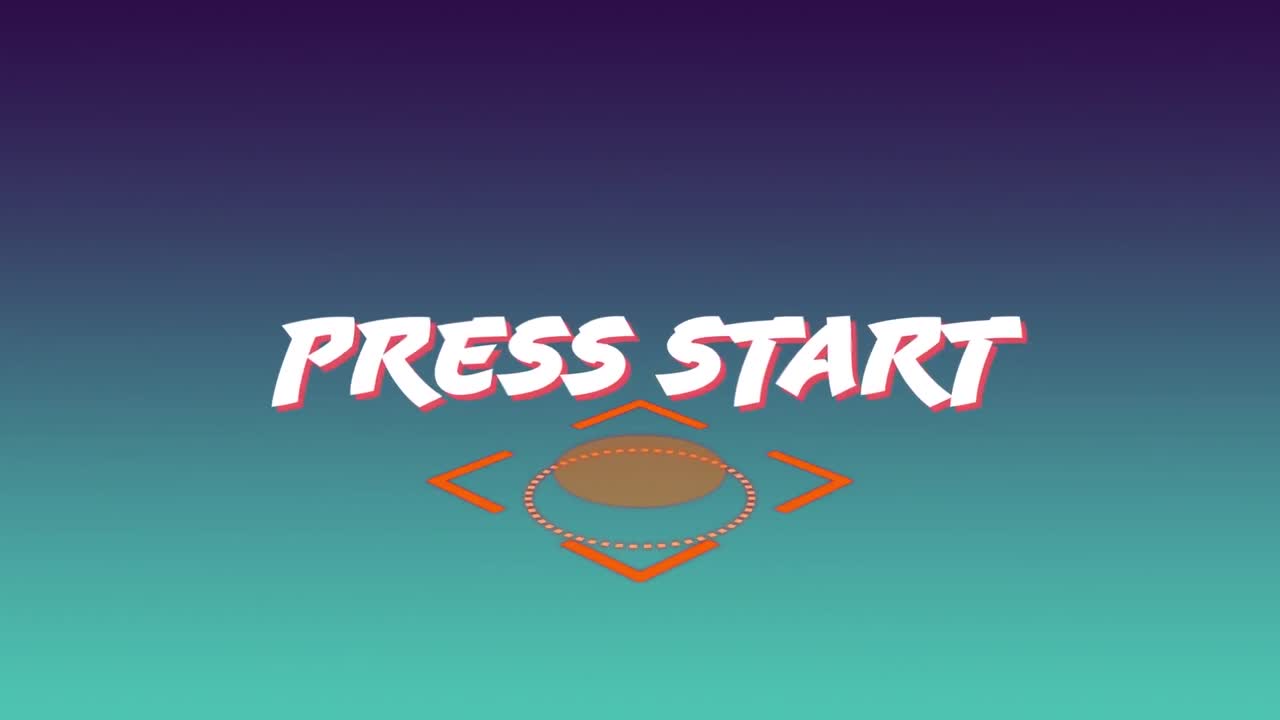 Animation of white press start text, with rotating orange scope, on graduated blue background