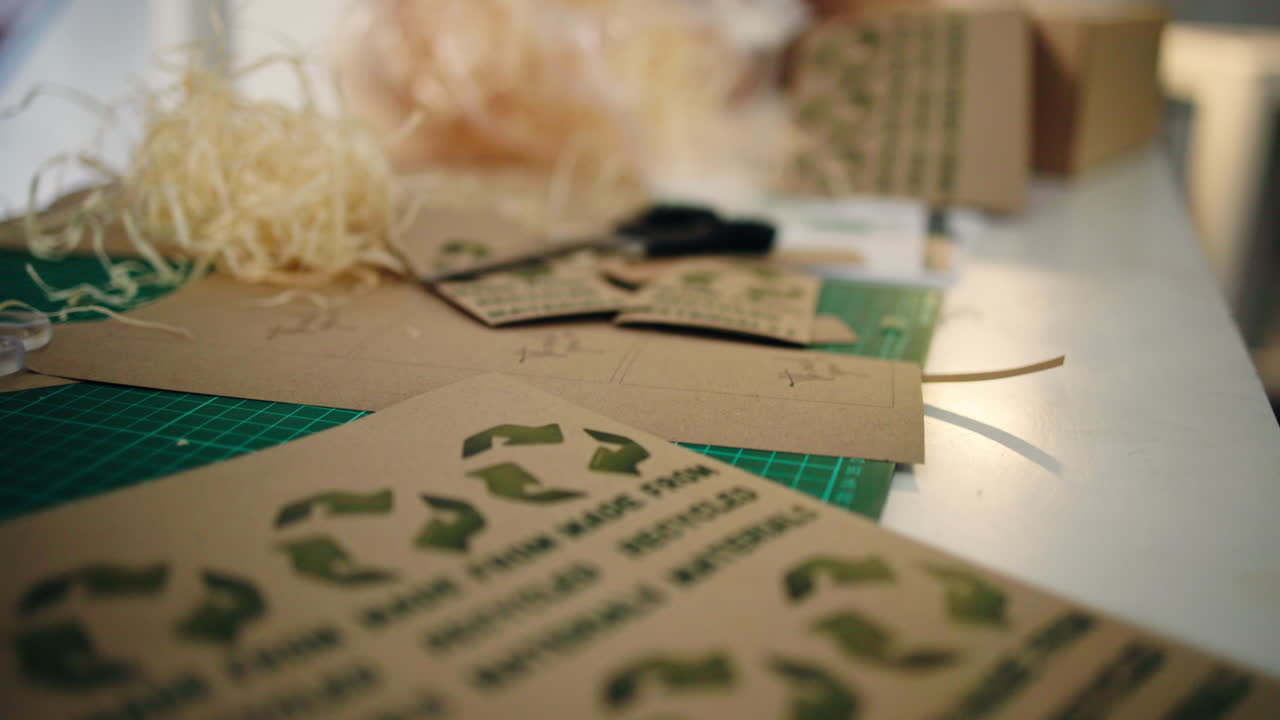 Close-Up of Recycled Packaging Materials and Craft Supplies