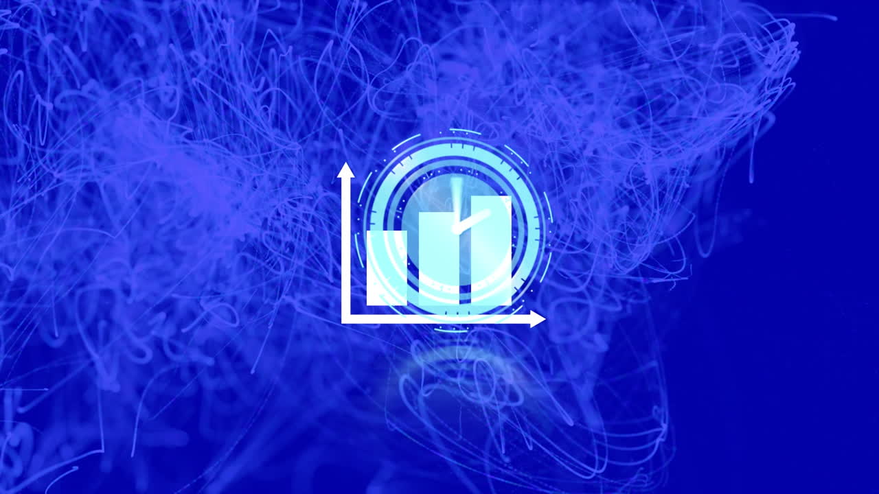 animación de gráfico y reloj en movimiento sobre rastros de luz sobre fondo azul