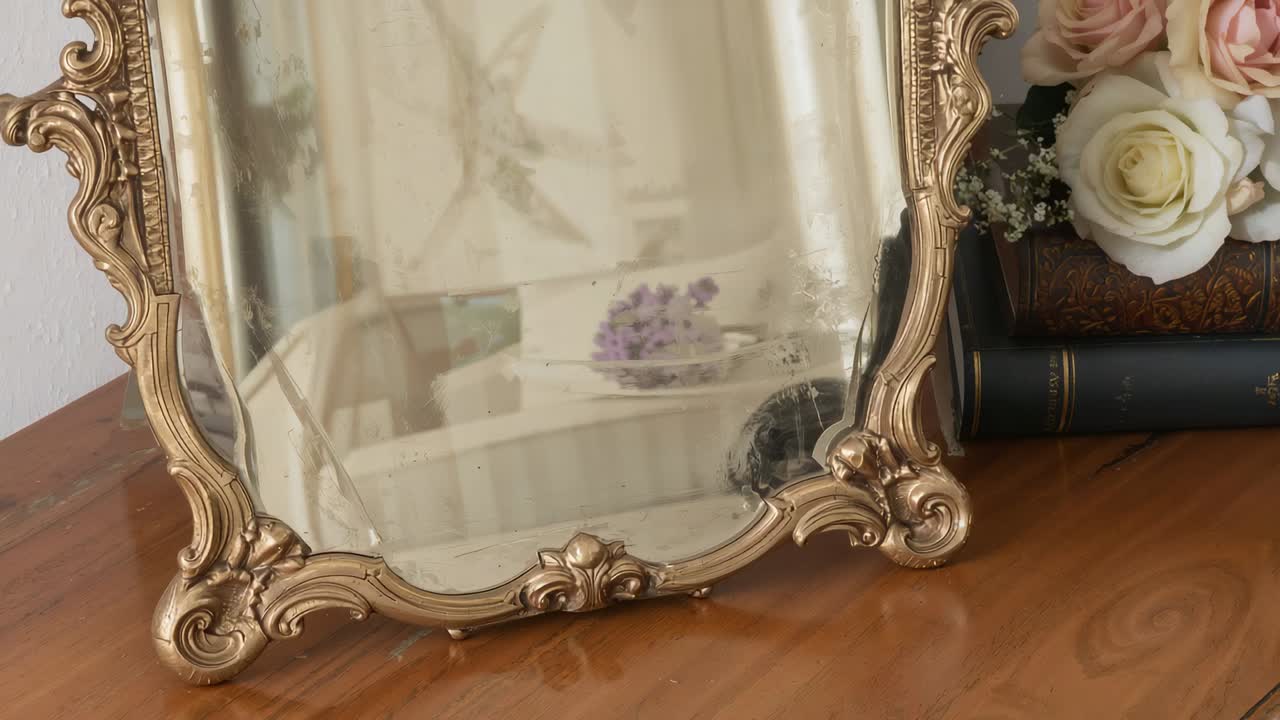 Panning camera capturing ornate gold mirror on table, revealing vase and roses to showcase vignette