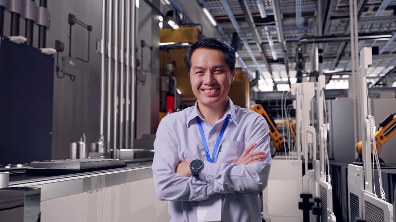 Pengambilan Gambar Seorang Pekerja Profesional Pria Asia Berdiri, Jalur Produksi Baterai Otomatis di Pabrik Modern. Senyum Lebarnya ke Kamera dan Menyilangkan Tangan di Dadanya.