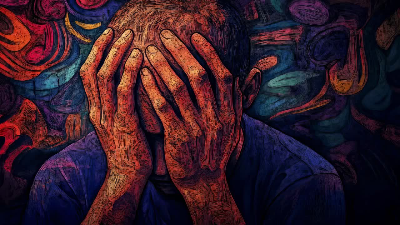 Male covering face with hands, expressing intense emotional distress against colorful abstract background, representing psychological vulnerability and inner mental health conflict