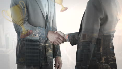 animation of falling trophies over business people shaking hands