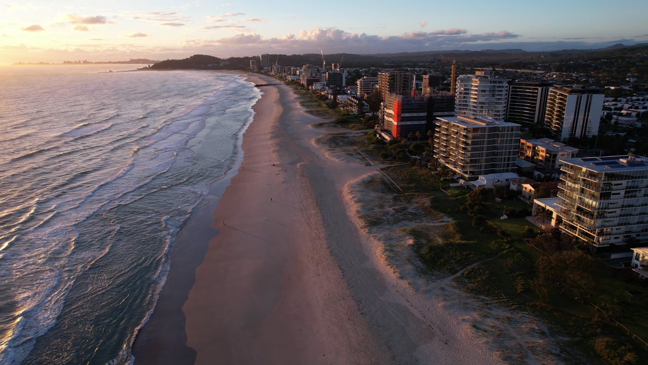 Tranquil Sunset Scenery At Palm Beach Coastal Suburb In The City Of Gold Coast, Queensland, Australia - Drone Shot