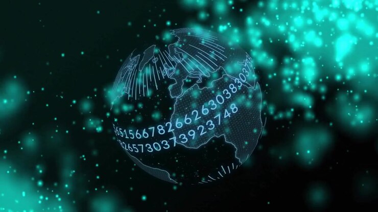 On start wireframe globe fading rotating scrolling data particles drifting bars showing global data
