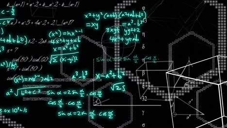 Animation of mathematical formulae and scientific data processing over black background