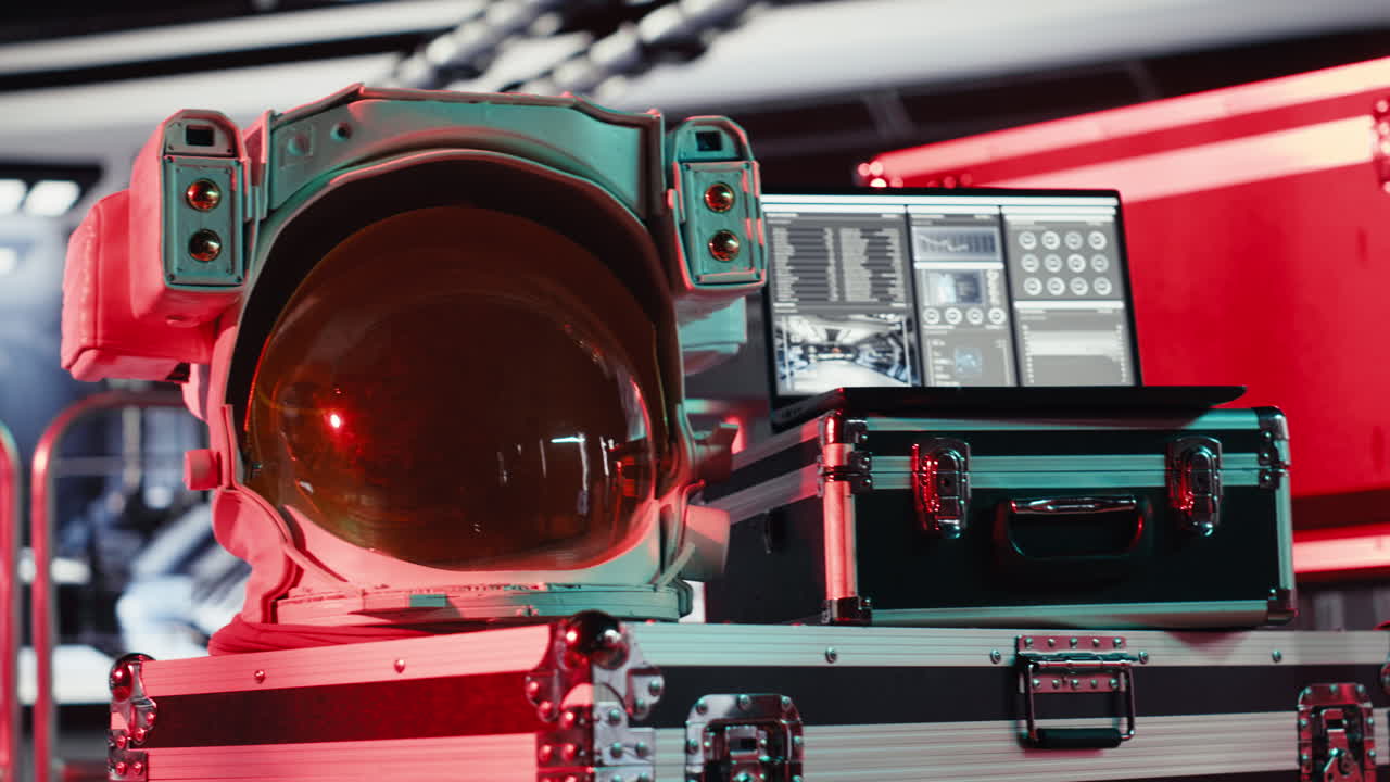 Space helmet next to laptop in spacecraft displaying Mars mission analytics