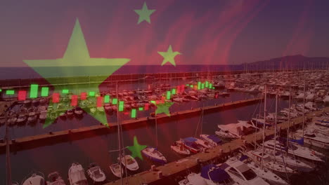 animation of financial data processing and flag of china over landscape