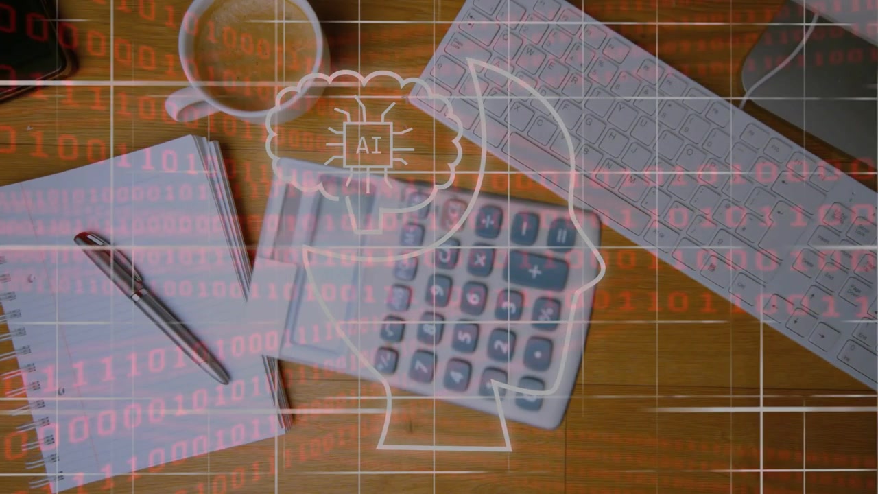 Cámara en primer plano alejándose, calculadora girando, deslizándose hacia el centro, revelando un escritorio y superposiciones de IA.