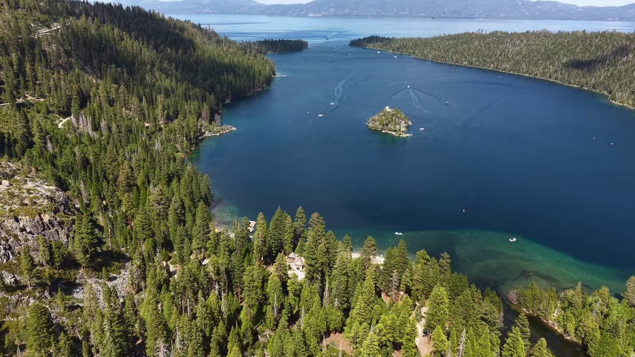 Drone Shot of Emerald Bay State Park, Island on Lake Tahoe USA on Sunny Summer Day