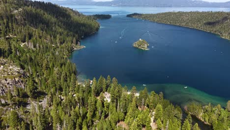 drone shot of emerald bay state park, island on lake tahoe usa on sunny summer day