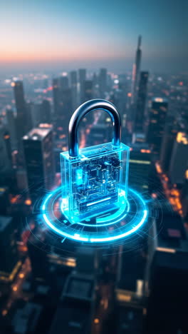 digital security padlock over cityscape
