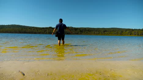 male tourist walking into the brown lake, north stradbroke island, queensland, australia-1