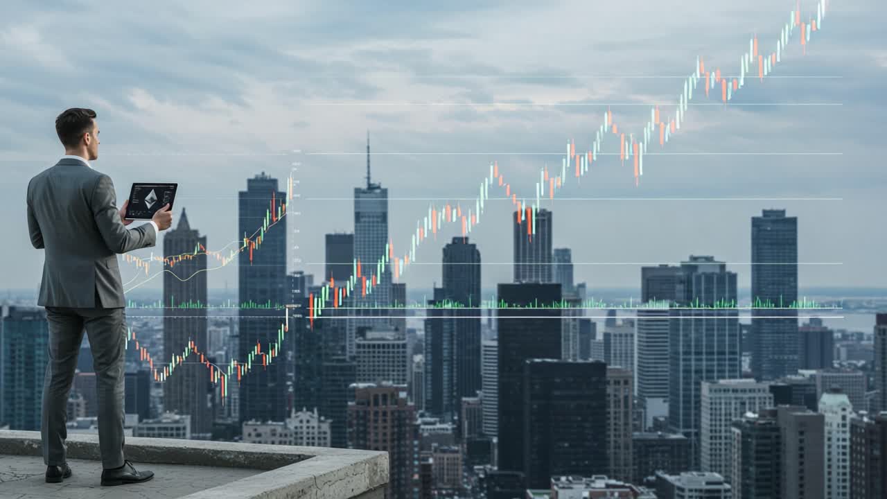 Business professional analyzing market trends on a digital tablet, overlooking a bustling city skyline with evolving financial graphs and analytics representation