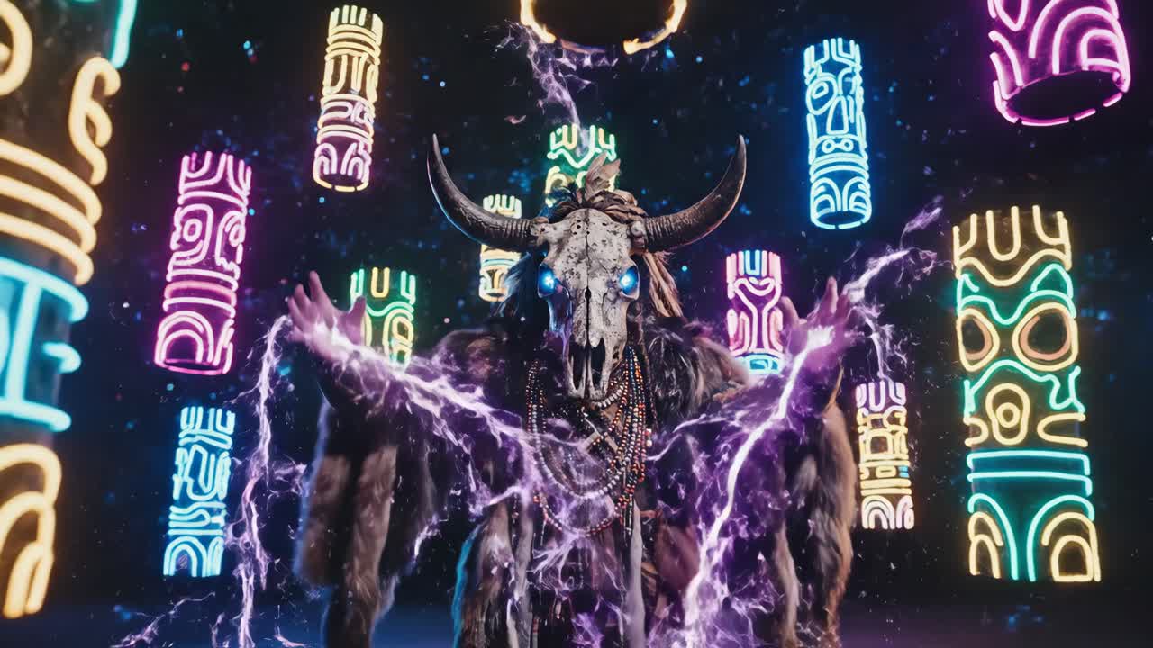 Mystical Shaman Ritual with Neon and Buffalo Skull