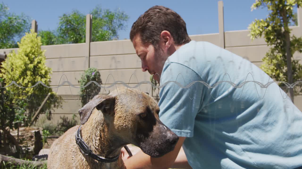 Pet care showing man kneeling on lawn guiding brindle dog into blue pool and rinsing fur