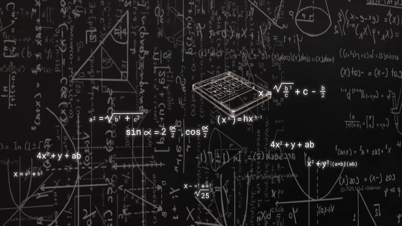 Animation of school icons over mathematical equations on black background