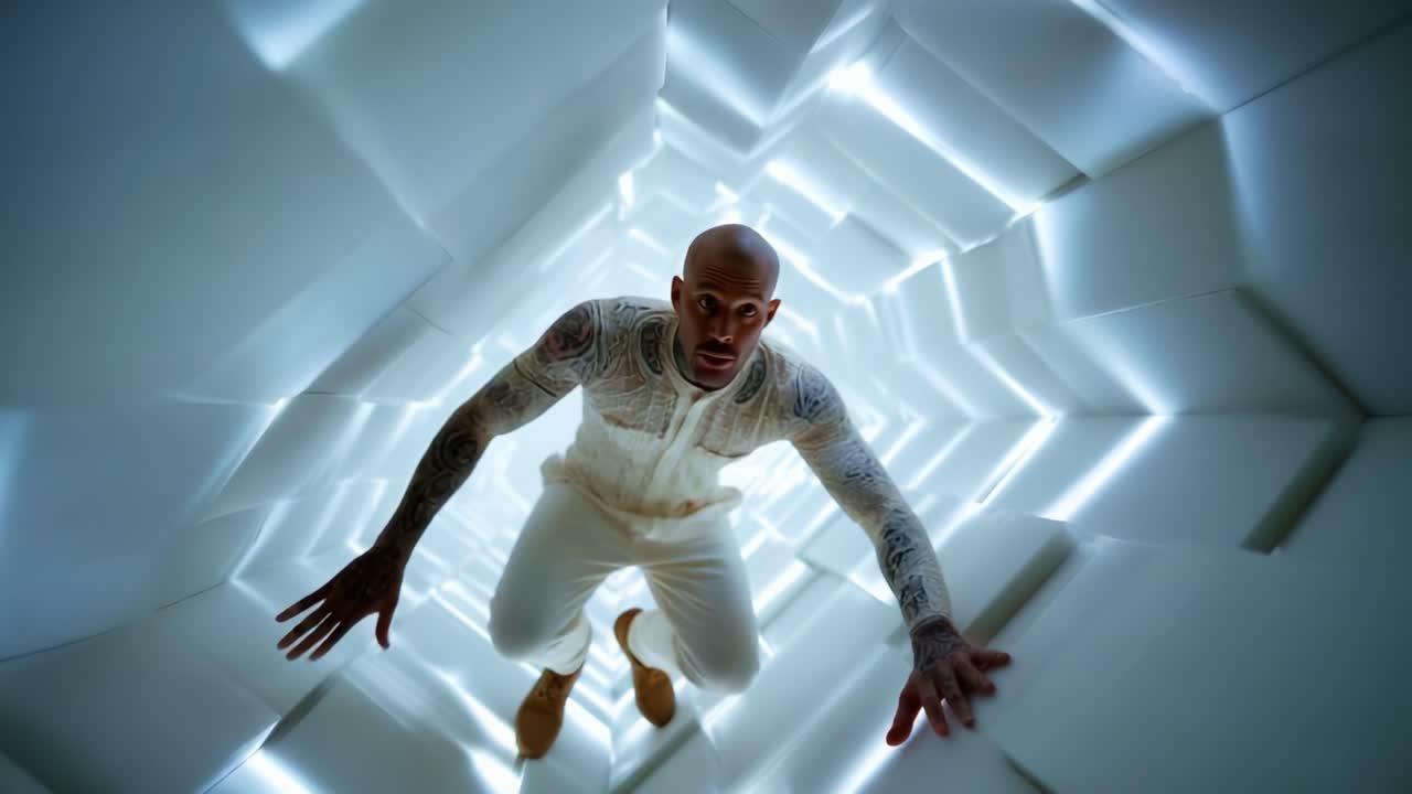 An Individual Encounters a Surreal Abstract Passage, Featuring Luminescent White Walls and a Dynamic Perspective That Enhances the Sense of Depth and Motion