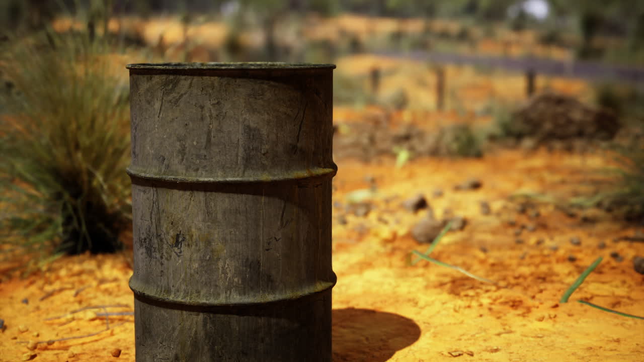 Old metal barrel stands alone in an arid sunlit landscape at midday