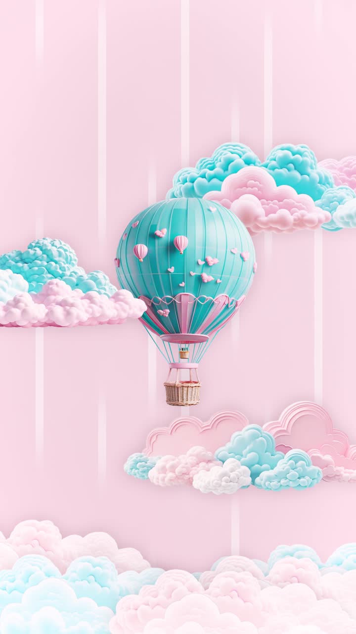 A charming hot air balloon in pastel blue and pink floats gracefully amidst fluffy clouds in a serene sky. Perfect for themes of travel, dreams, romance, or childhood adventures.