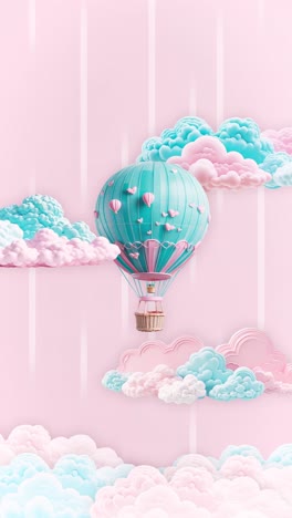 a charming hot air balloon in pastel blue and pink floats gracefully amidst fluffy clouds in a serene sky. perfect for themes of travel, dreams, romance, or childhood adventures.
