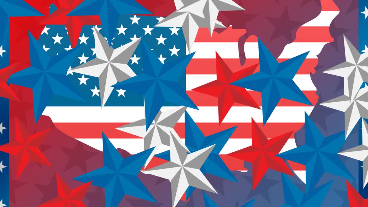 Animazione di una mappa degli Stati Uniti stellata colorata come la bandiera americana su sfondo viola.