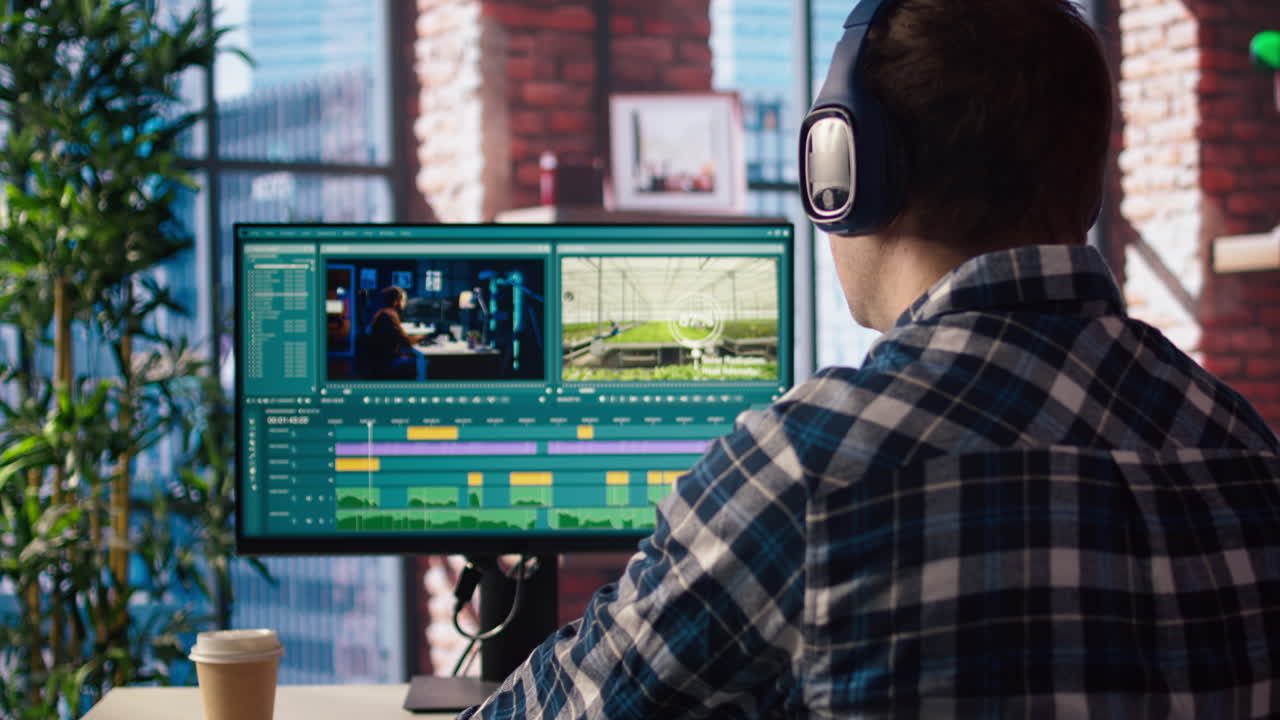 trabajador independiente que utiliza herramientas de edición en la computadora para cortar imágenes de proyectos de películas
