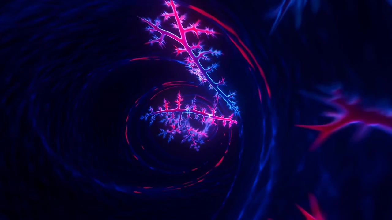 Bright branching light forms spread through a dark blue abstract tunnel, creating a futuristic sense of motion, depth, and energy with vivid magenta