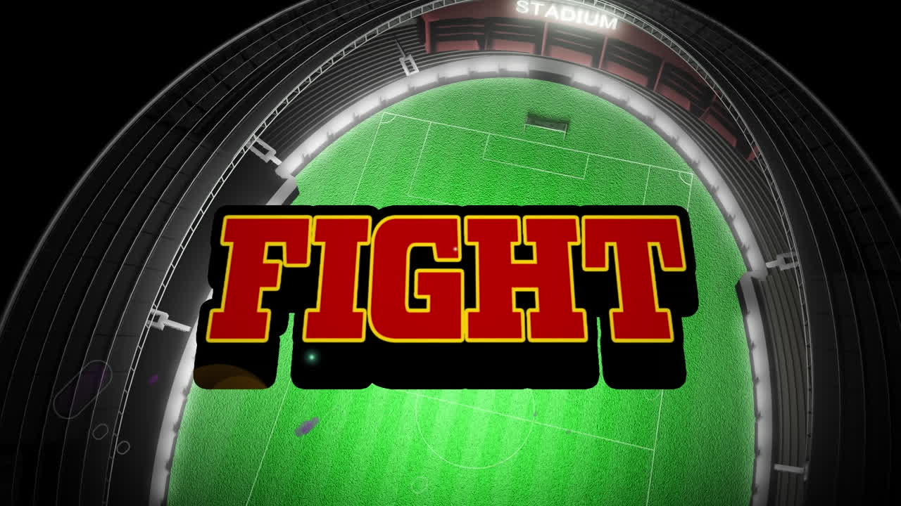 스포츠 스타디움의 공중 전망에 대한 싸움 텍스트와 보라색 빛 트레일의 애니메이션