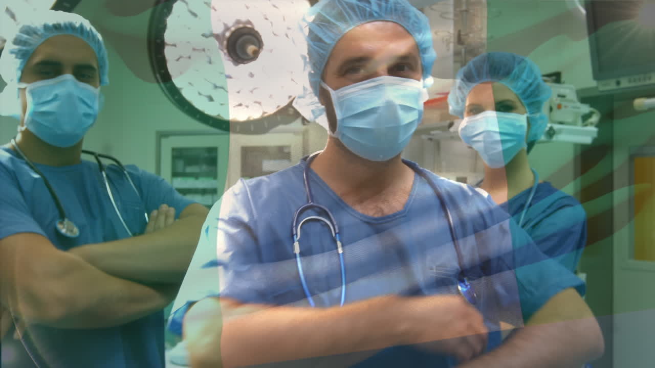 animación de la bandera de nigeria ondeando sobre el cirujano en el quirófano