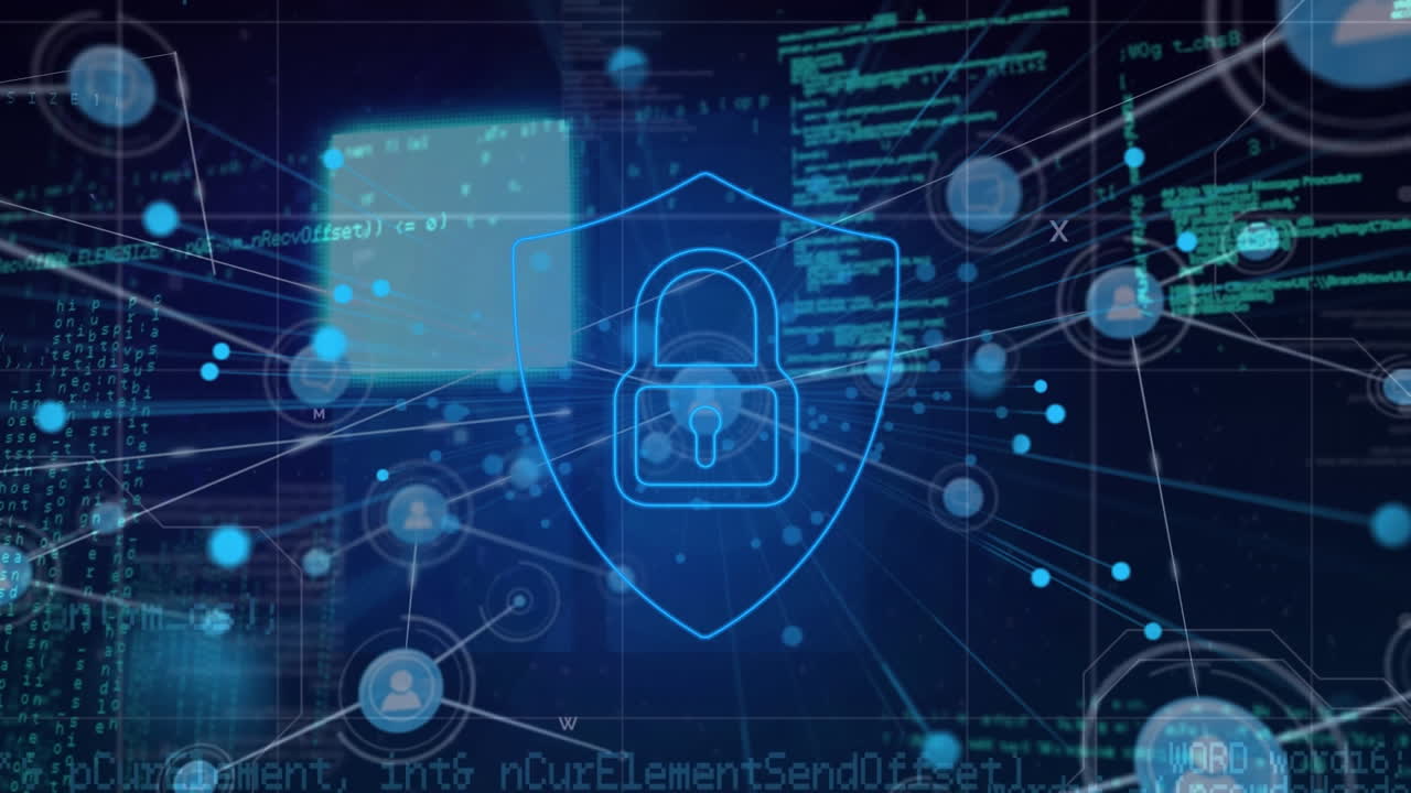 animación del procesamiento de datos con red de conexiones y icono de candado sobre fondo negro.