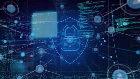 animazione dell'elaborazione dei dati con rete di connessioni e icona di lucchetto su sfondo nero.