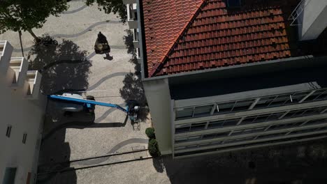 Overlooking-tree-surgeon-cutting-ornamental-live-bush-close-to-building-with-orange-roof-in-Lisbon