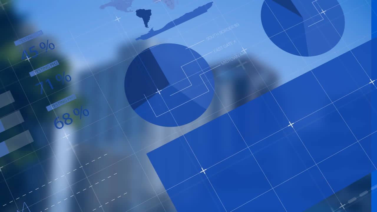 하늘을 배경으로 현대적인 건물 위에 파란색 인포그래픽 인터페이스의 애니메이션