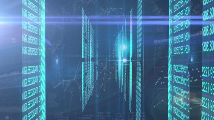 Animation of data processing and network of connections over black background