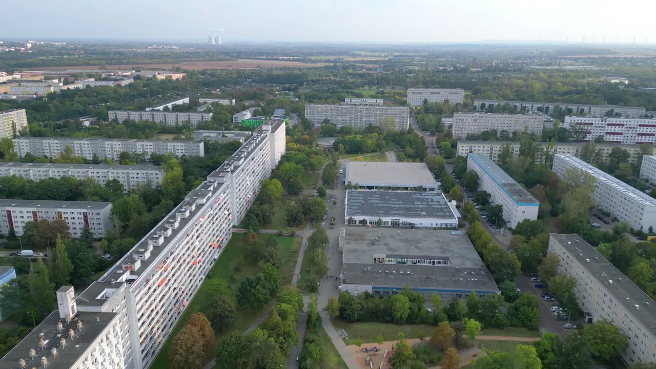 biggest house in the gdr, halle neustadt in germany, known for its plattenbau architecture. Beautiful aerial view flight drone shot footage from above